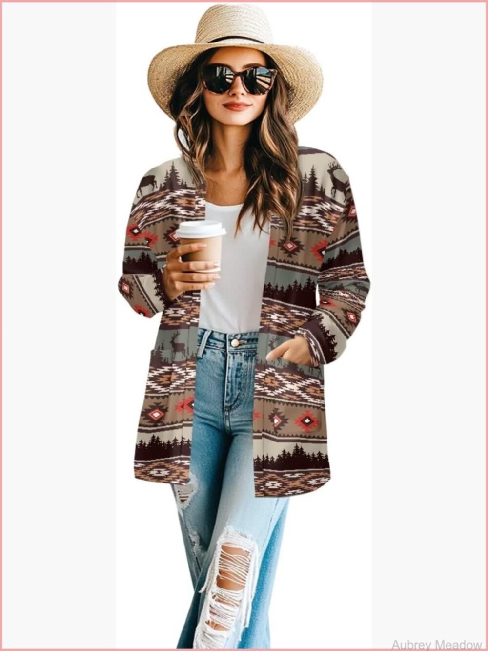 Women's Aztec Open-Front Jacket Lightweight Casual Cardigan Long Sleeve